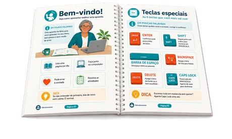 Apostila impressa e encadernada, aberta sobre a mesa